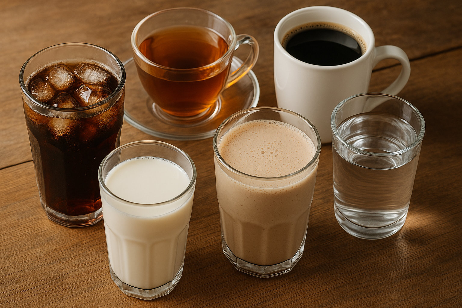 A top-down, angled view of a wooden table displays six distinct beverages—soda, tea, coffee, milk, water, and a protein shake—each in its own glass, arranged neatly under soft natural lighting.