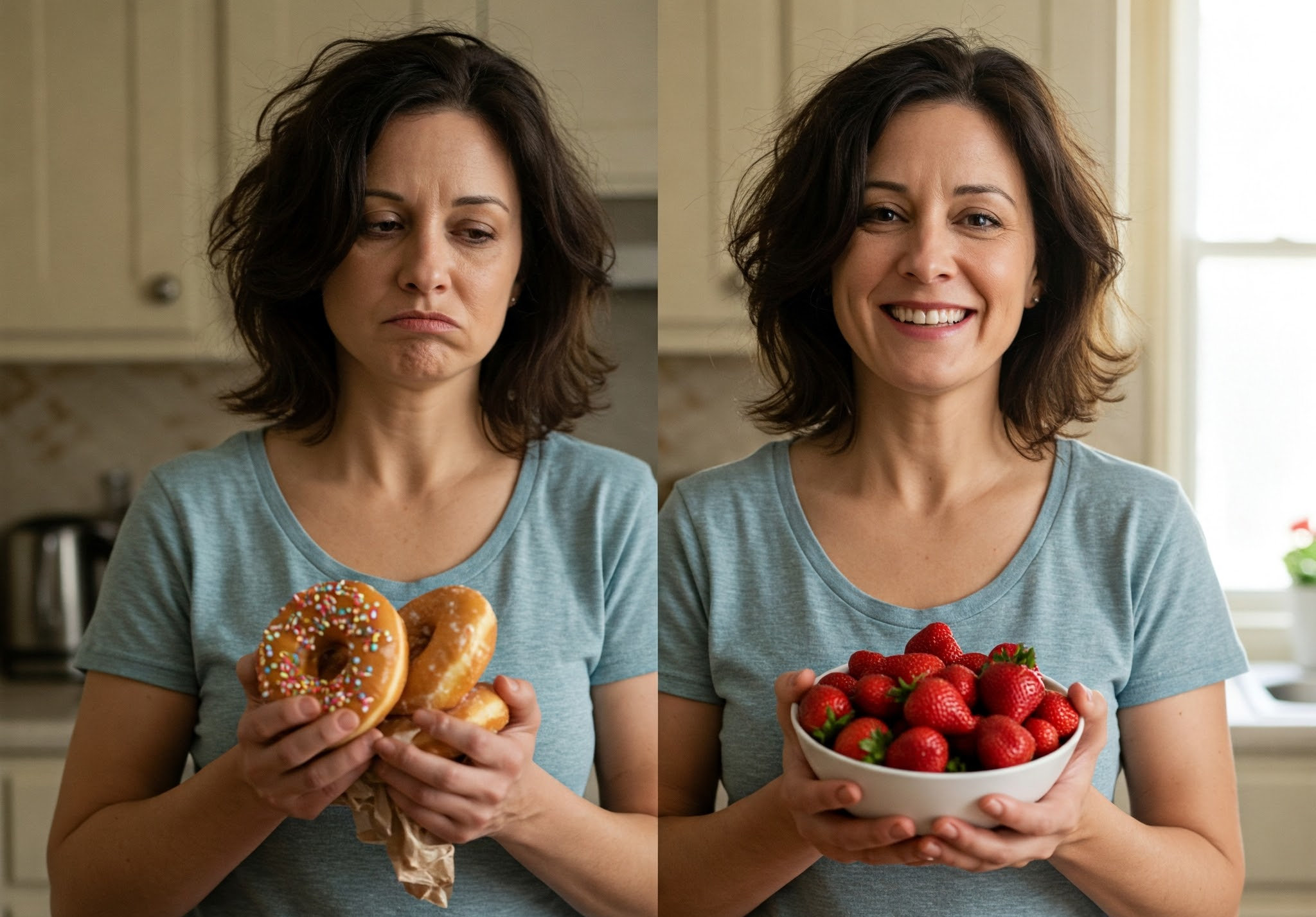 Person choosing healthy foods over sugary snacks to kick sugar addiction and improve health